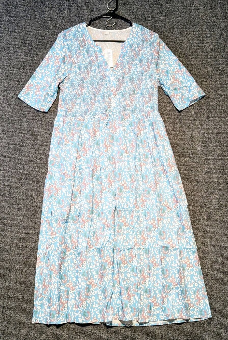 Made With Love Blue Lavender Floral Smock Bodice Short Sleeve NWT Dress Sz L